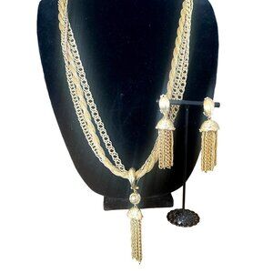 Vintage Tassel Necklace Yellow Gold Tone 18" with Enhancer and matching earrings